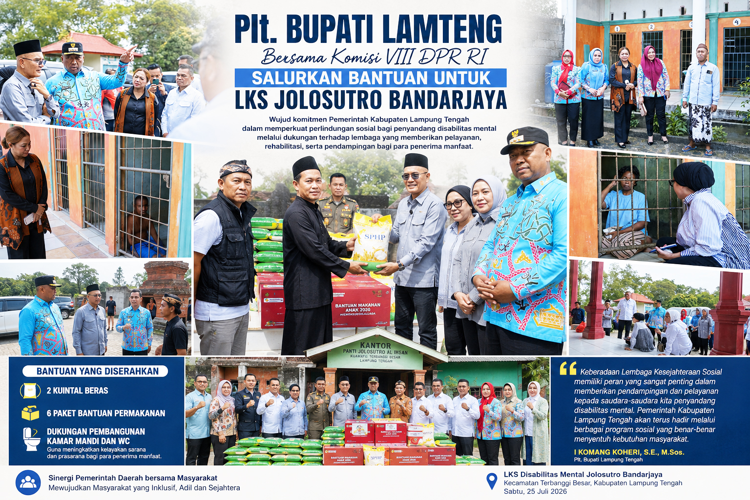Plt Bupati Lamteng Bersama Komisi VIII DPR RI Salurkan Bantuan untuk LKS Disabilitas Mental Jolosutro
