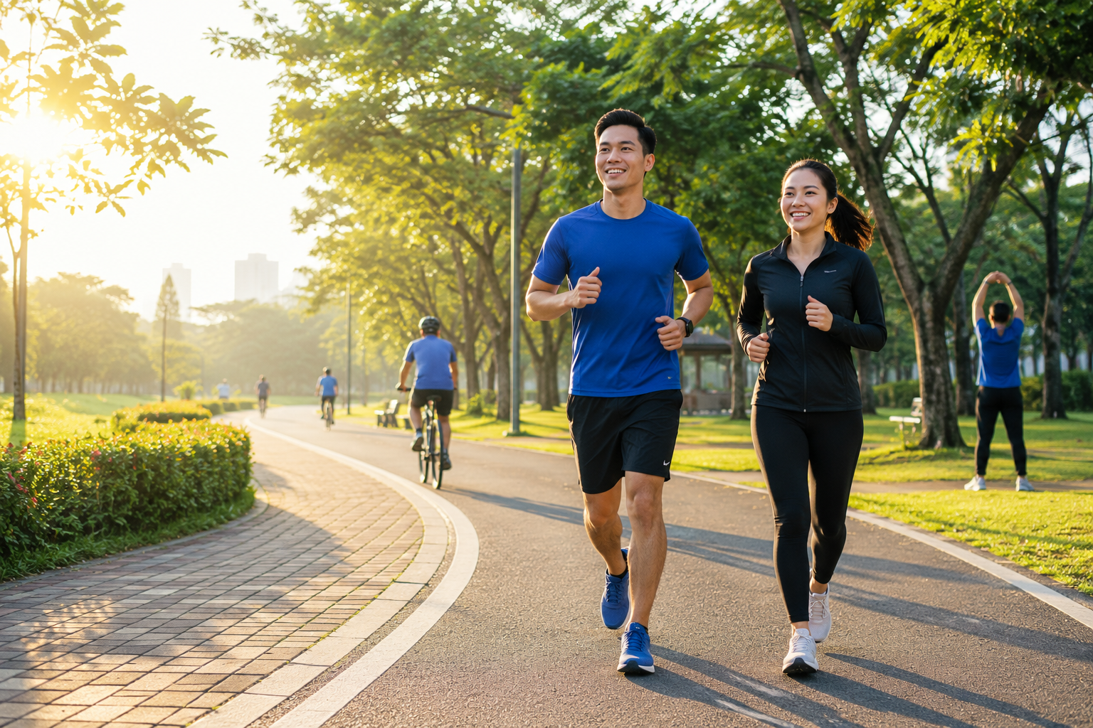 Ilustrasi masyarakat jogging di taman pada pagi hari untuk menjaga kesehatan dan kebugaran tubuh.