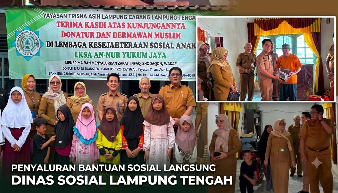 Kepala Dinas Sosial Lampung Tengah menyerahkan bantuan sosial kepada anak-anak di LKSA An-Nur Yukum Jaya.