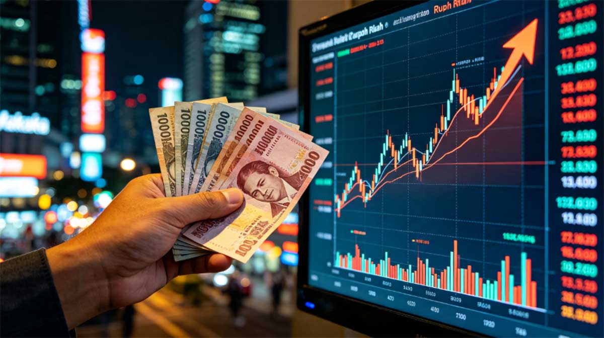 Grafik pergerakan nilai tukar rupiah yang menguat 0,75 persen dalam sepekan ke posisi Rp 17.694 per dolar AS, Agustus 2026